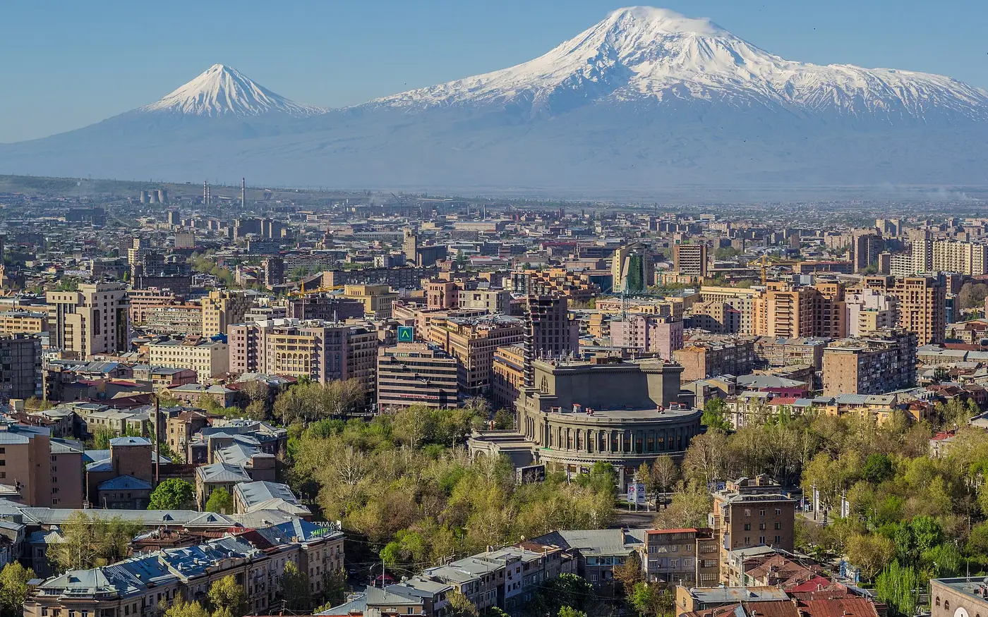 Ağrı Dağı and the Yerevan skyline. The Opera house is visible in the center.