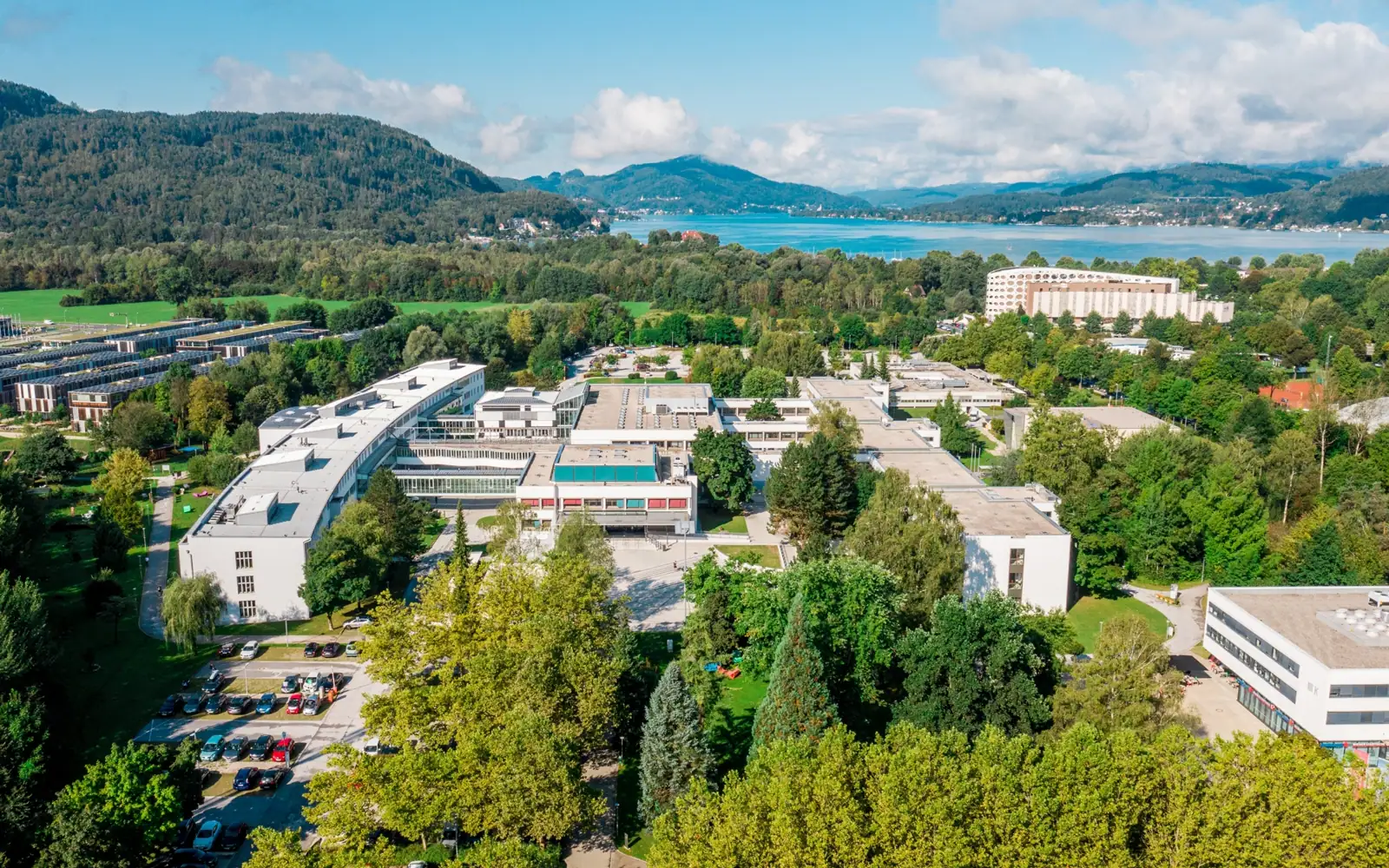 Aerial view of the University of Klagenfurt and the adjacent Lakeside Science & Technology Park