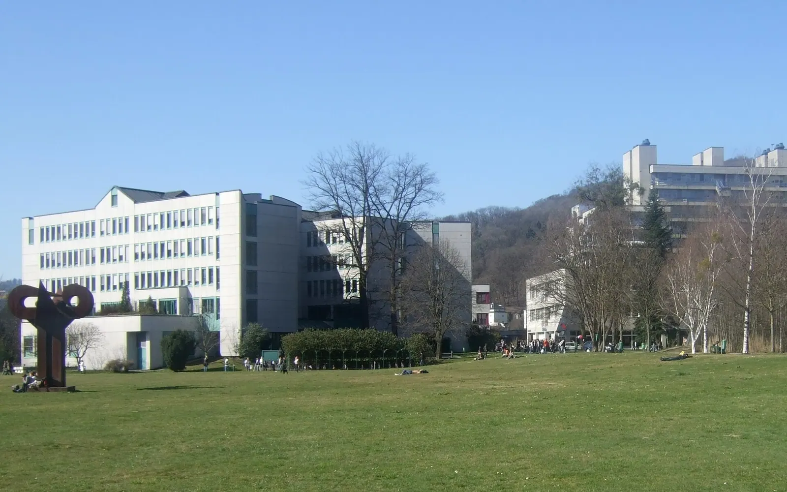 Some of the buildings on the campus of the Johannes Kepler University of Linz, most notably: Management Center ( Managementzentrum ), Bank Building ( Bankengebäude ) and behind the trees, the "TNF Tower" (Tower of the Fa
