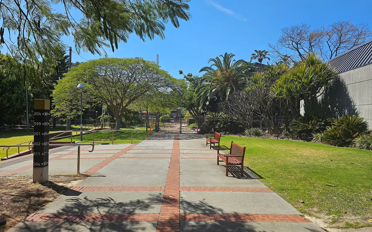 Walkway along the eastern side of Henderson Court at Curtin University, Bentley, Western Australia