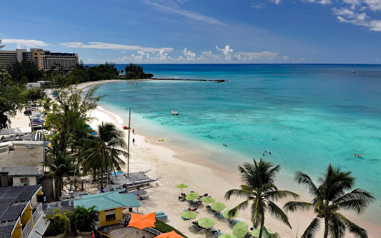 A view of Carlisle Bay, looking southwest, with the Hilton Hotel at the point, Barbados