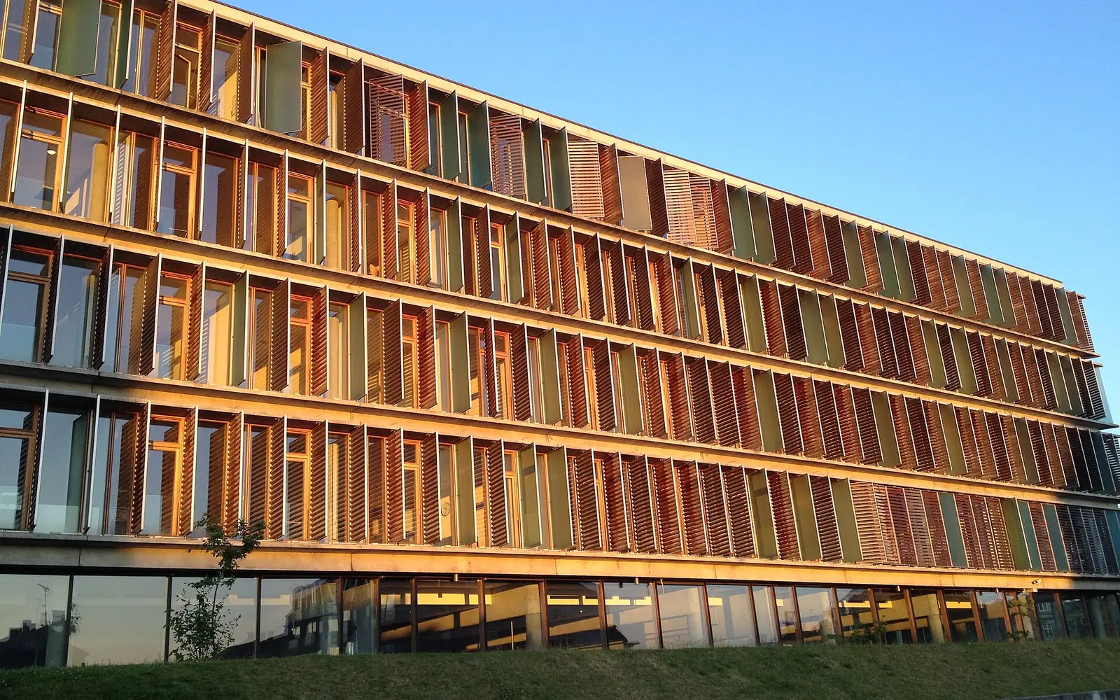 Copenhagen Business School has a building they call "Kilen". I love the ever-changing view of reflections from the setting sun. It depends on whether the windows or their various shades - slats or glass - are opened or c