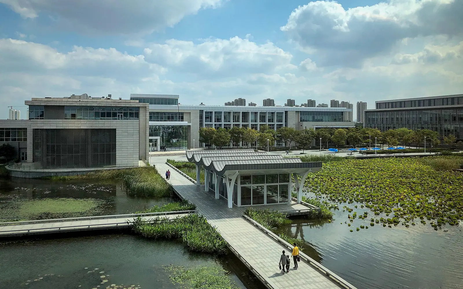 Looking over the central water feature on the Duke Kunshan University campus