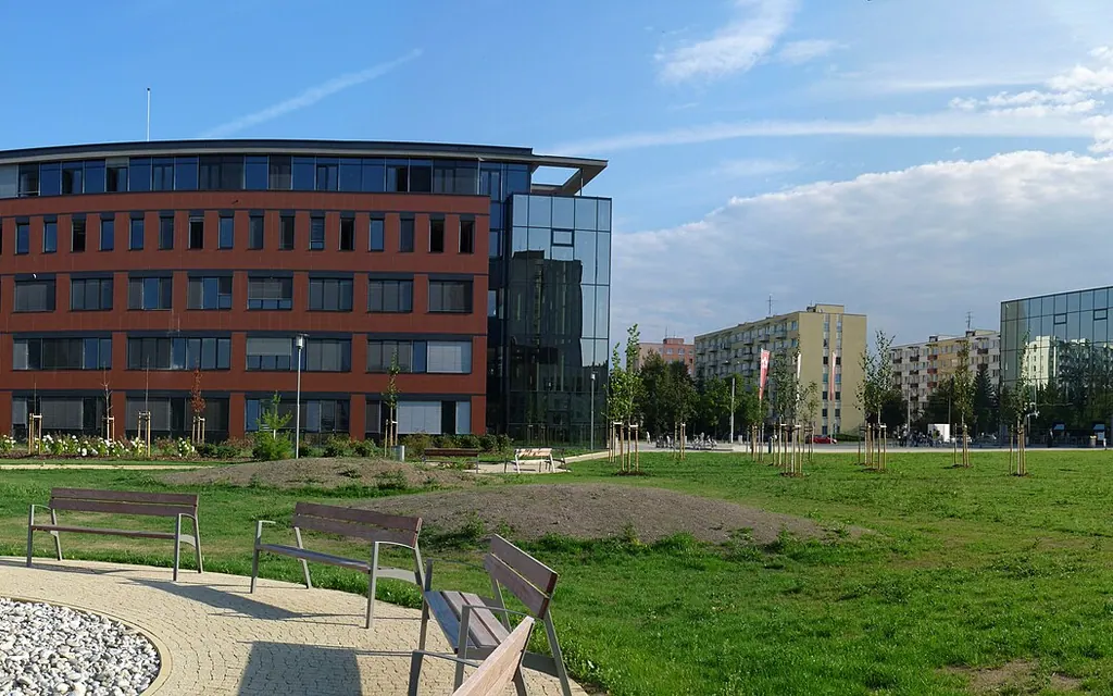 Rectory and the Academic Library in the University of South Bohemia campus, České Budějovice , South Bohemian Region , Czech Republic , with Havel's Place on the left.