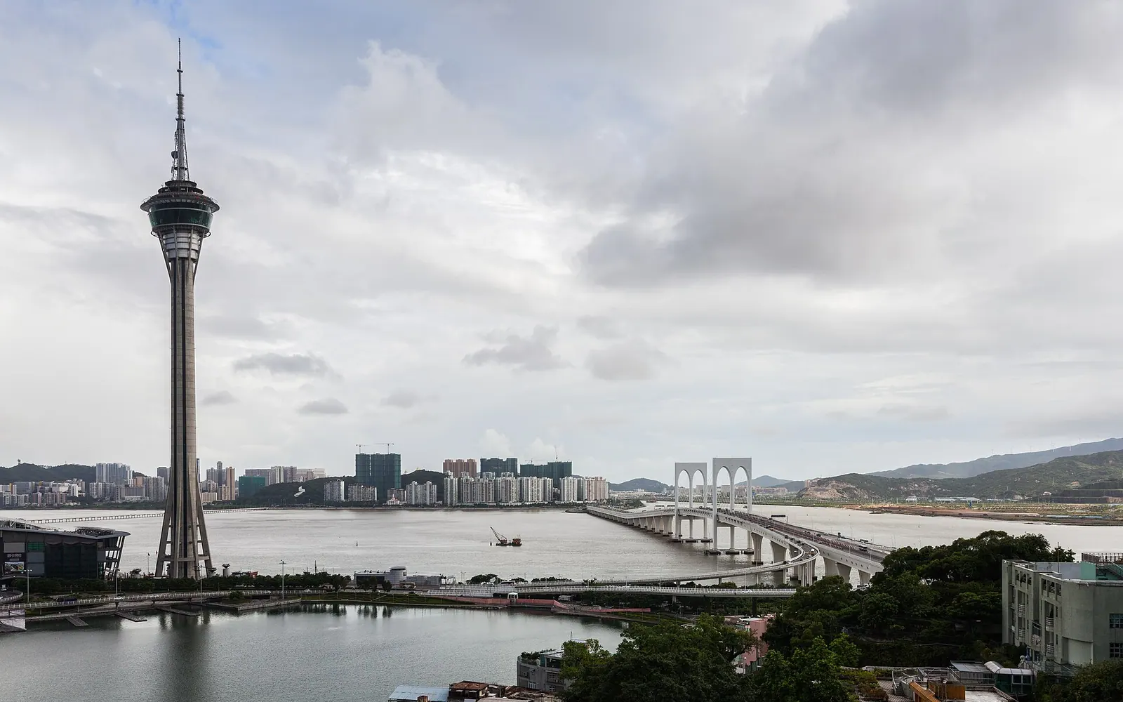 View of Sai Van Bridge and the Macau Tower with the island of Taipa in the background, Macau