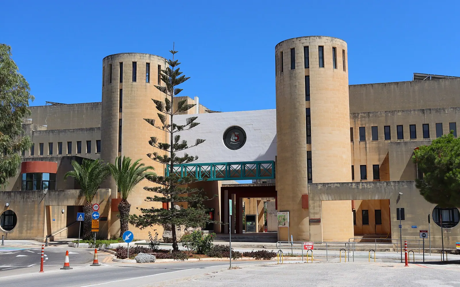 The main entrance to the University of Malta Msida campus and site of some lecture halls, named the Gateway Building, pictured in the summer of 2026 about three weeks before the school's opening.