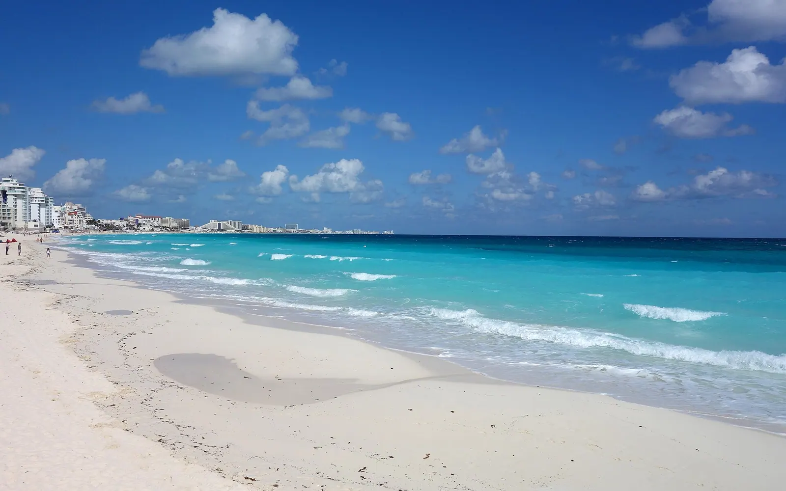 View of white sand beaches of Cancún. The view is from the southern tip of the coast and faces north-east.