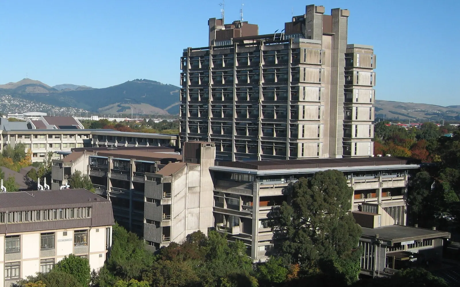 Central Library viewed from the Rutherford Building, University of Canterbury, Christchurch.