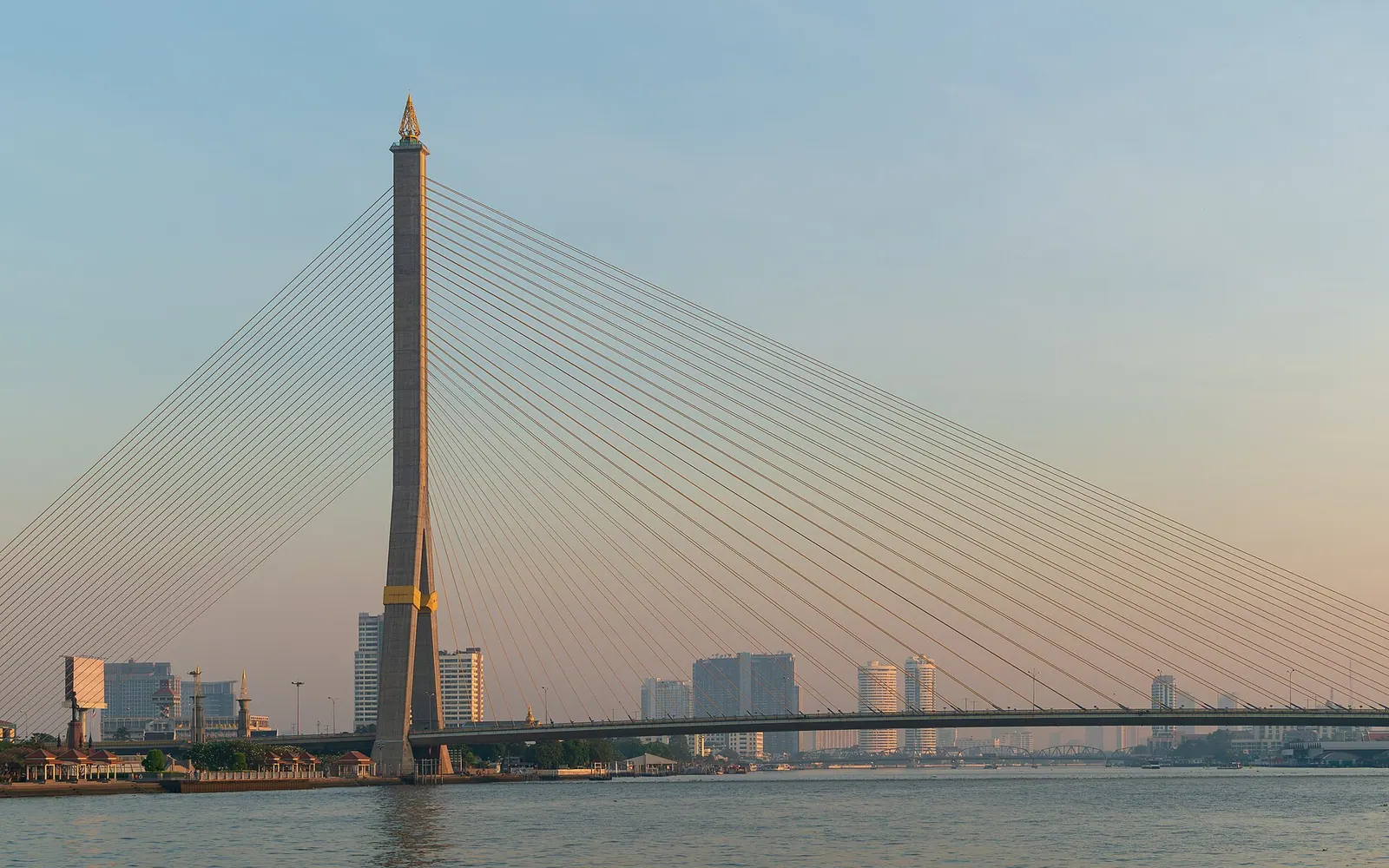 Rama VIII bridge over the Chao Phraya river in Bangkok as seen a few minutes after sunrise on 2 January 2024