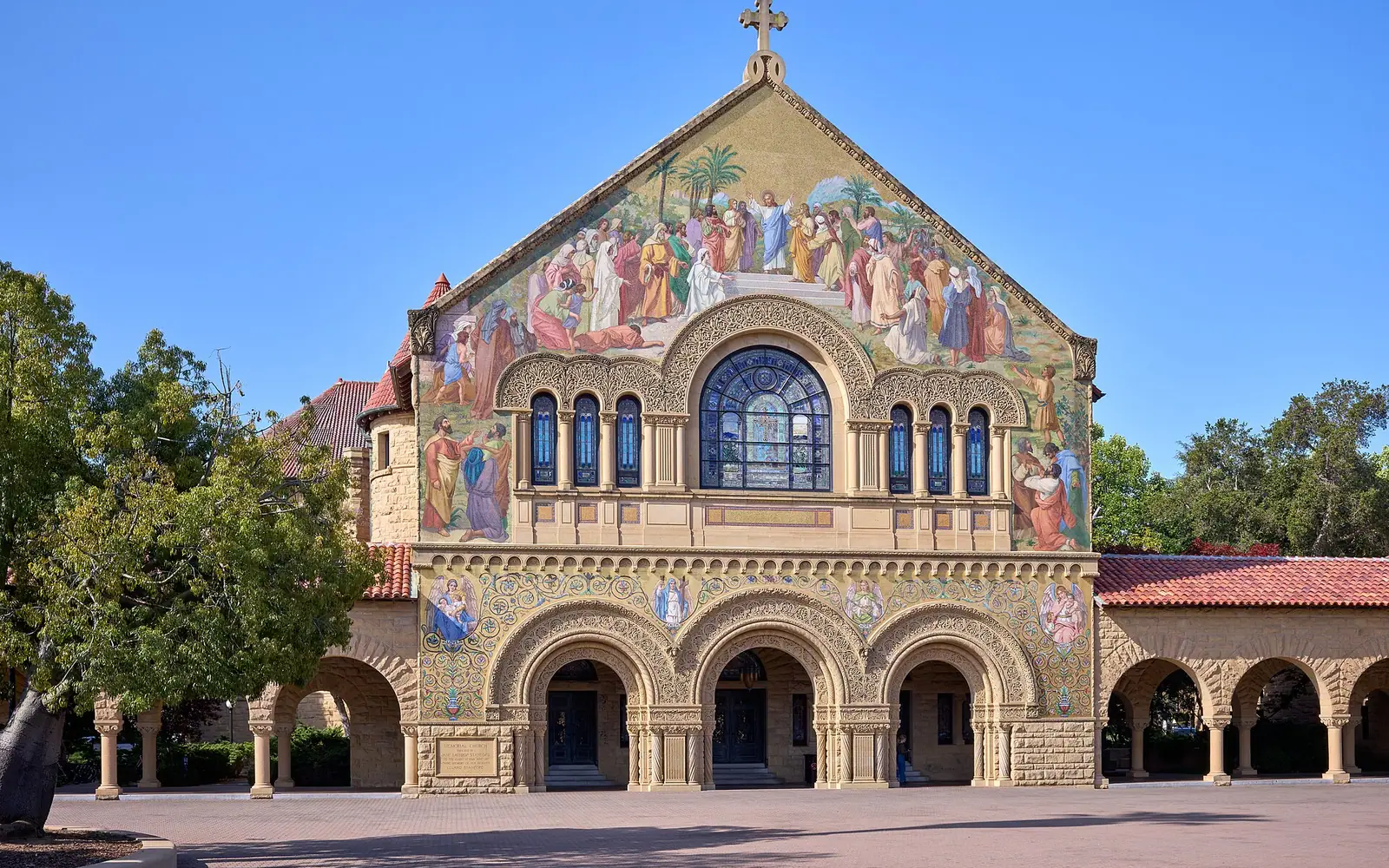 North façade of the Stanford Memorial Church from the Main Quad of the Stanford University campus on the morning of June 16, 2025